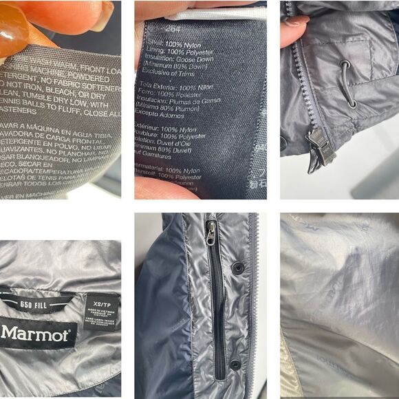 Marmot 650 Goose Down Fill Women’s Gray Full Zip Hooded Puffer Jacket Coat XS - Picture 14 of 16